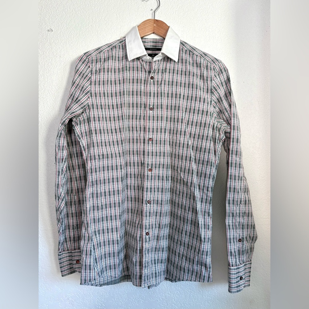 Vintage Slim Fit Gucci Green with Red Plaid White Collared Button Down size 39